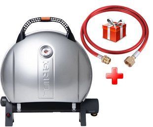 КОМПЛЕКТ Портативний переносний газовий гриль O-GRILL 900, срібло + шланг в подарунок!